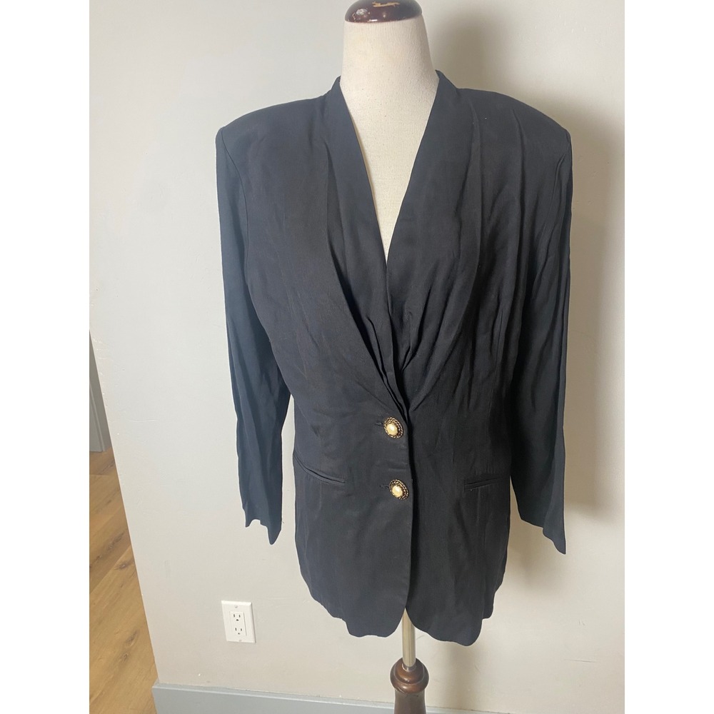 Vintage 90s Moda International Black Pleated Longline Blazer Gold Buttons Sz 12
